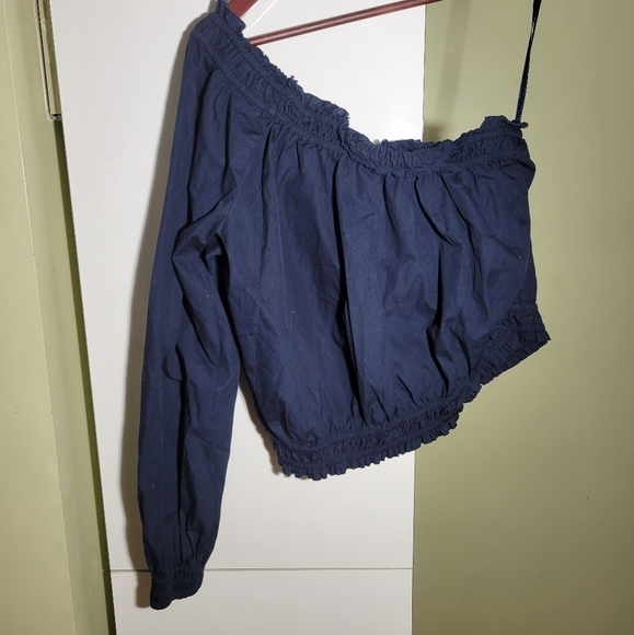 ❤️ 3 for $35 FREE People one Shoulder crop ruffle blouse top shirt blue small - Picture 2 of 7